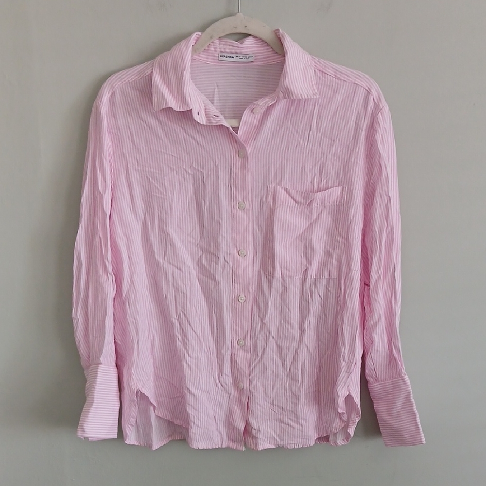 Bershka Women's Light Pink and White Striped Button Up Long Sleeve Shirt Size XS - Picture 1 of 6